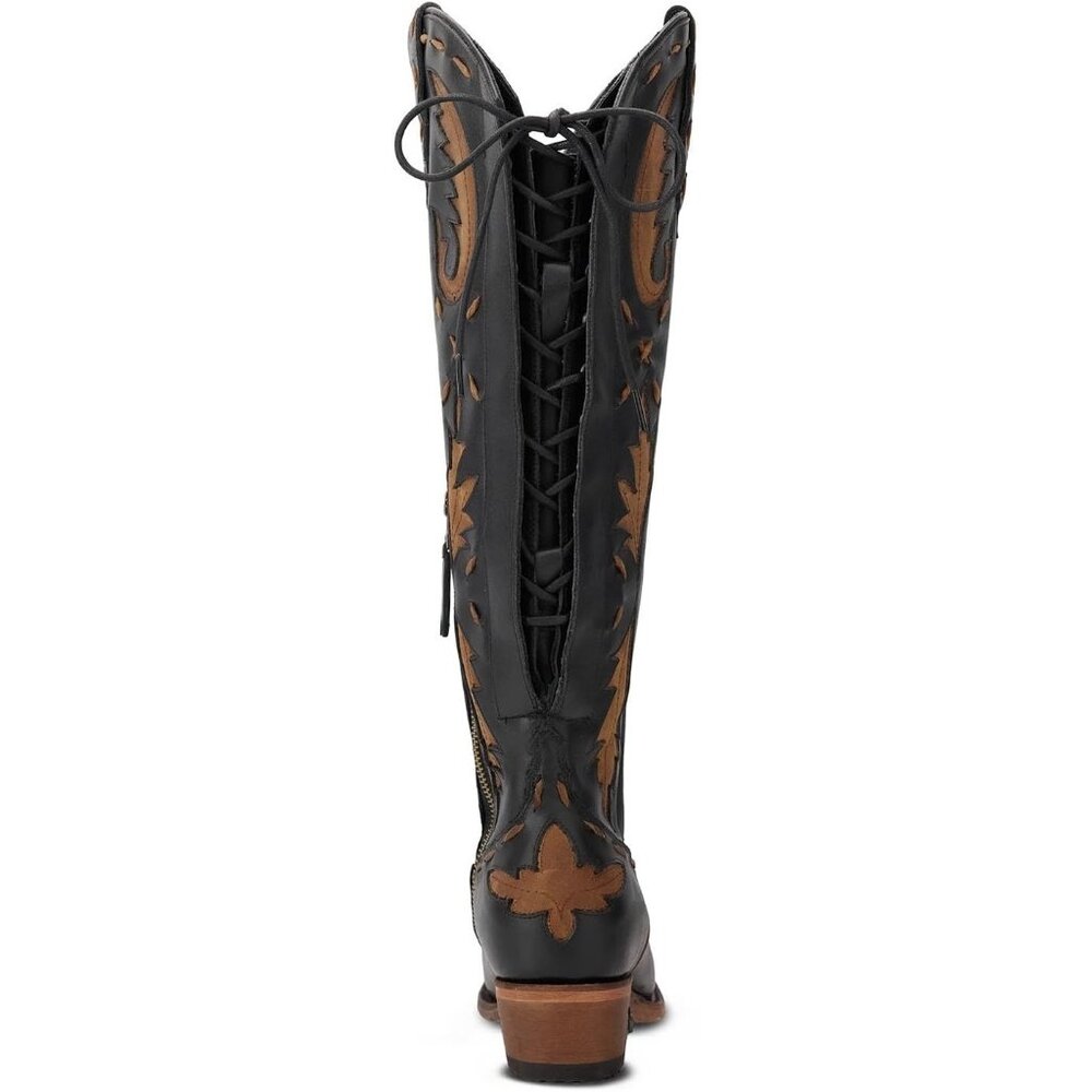 Women's Black Pointed Toe Zipper Cowgirl Boots Lace up Chunky Heel Western Boots - Picture 7 of 7